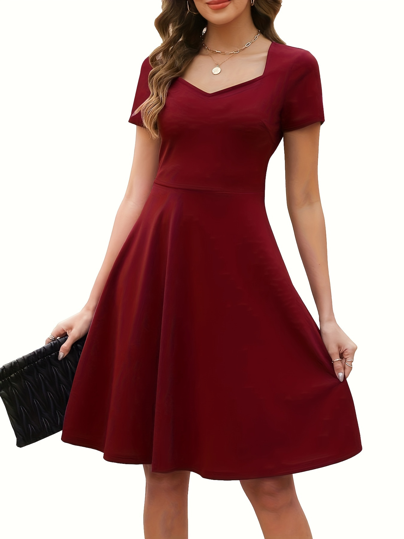 dames elegante hart halslijn a lijn jurk korte mouw knie Temu