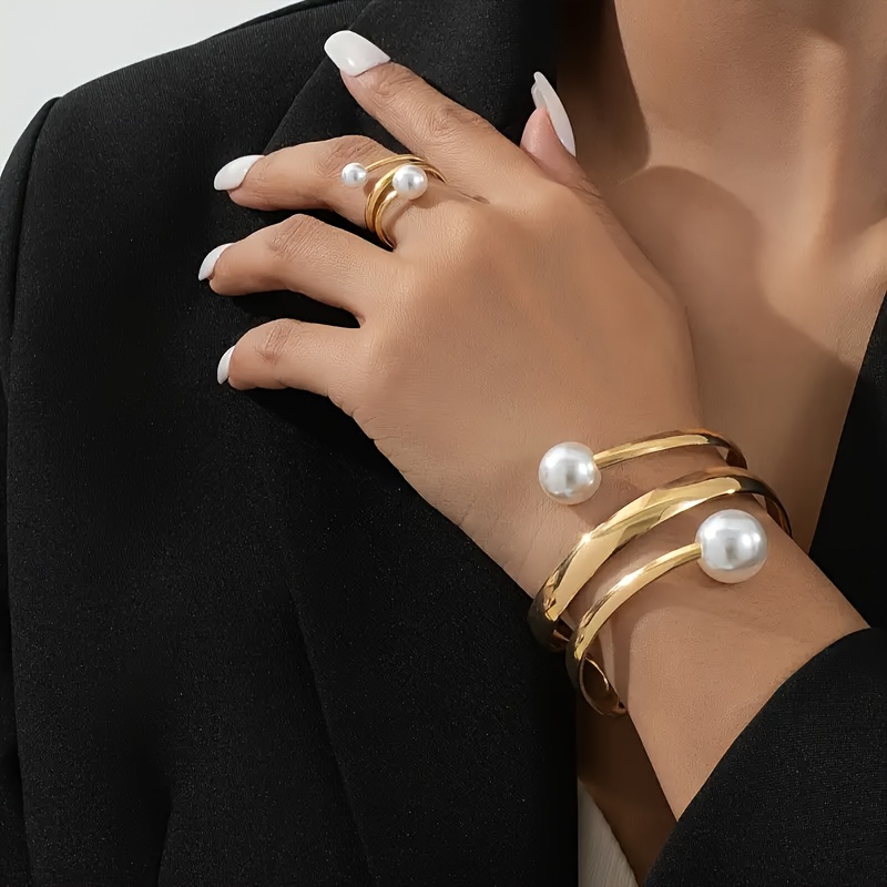 TEMU 1 Juego de Brazalete y Anillo de Estilo Europeo y Americano con Perla , Estilo Minimalista, Adecuado para Mujeres, Uso Diario y de , Accesorios