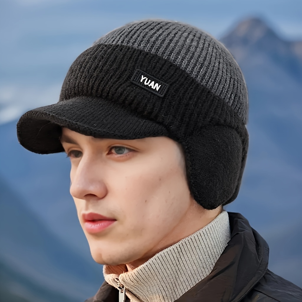 TEMU 1 Men's Winter Hat - Brimmed And Ear Flap, Color , Street Style, Slightly Elastic, Warm Cap For Outdoor Activities, Suitable For Cold Weather