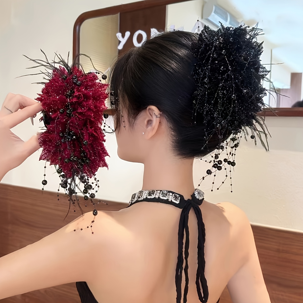 

1pc Elegant Floral Tassel Hair Clip For Teens, Mixed Color Mesh Shark Claw Clip, Hair Accessory For & Stage Performances