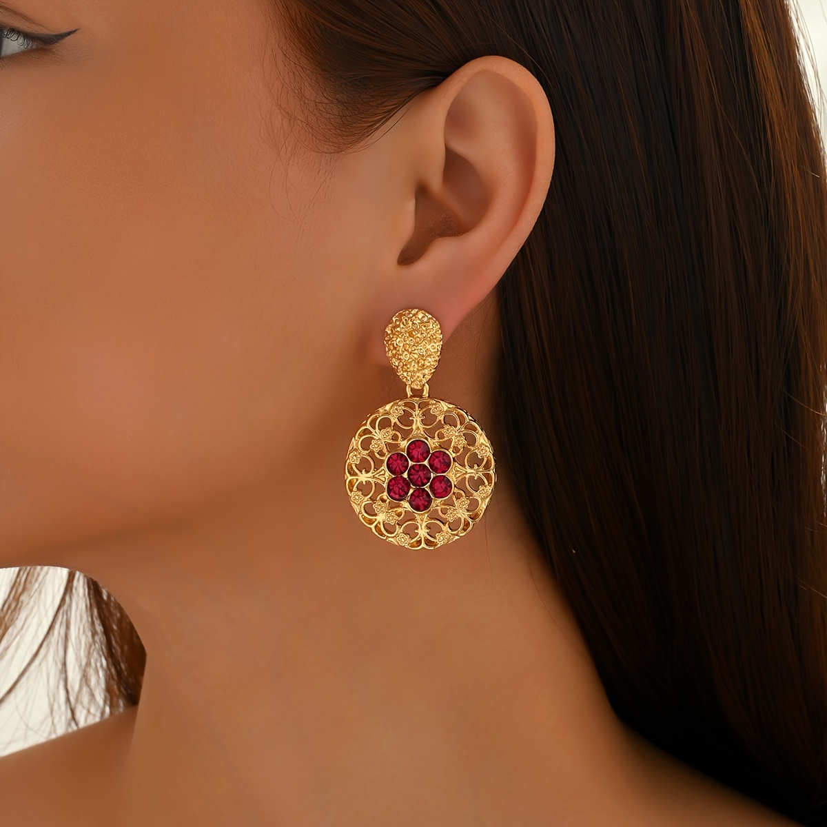 Retro Red Rhinestone Window Stud Necklace Set