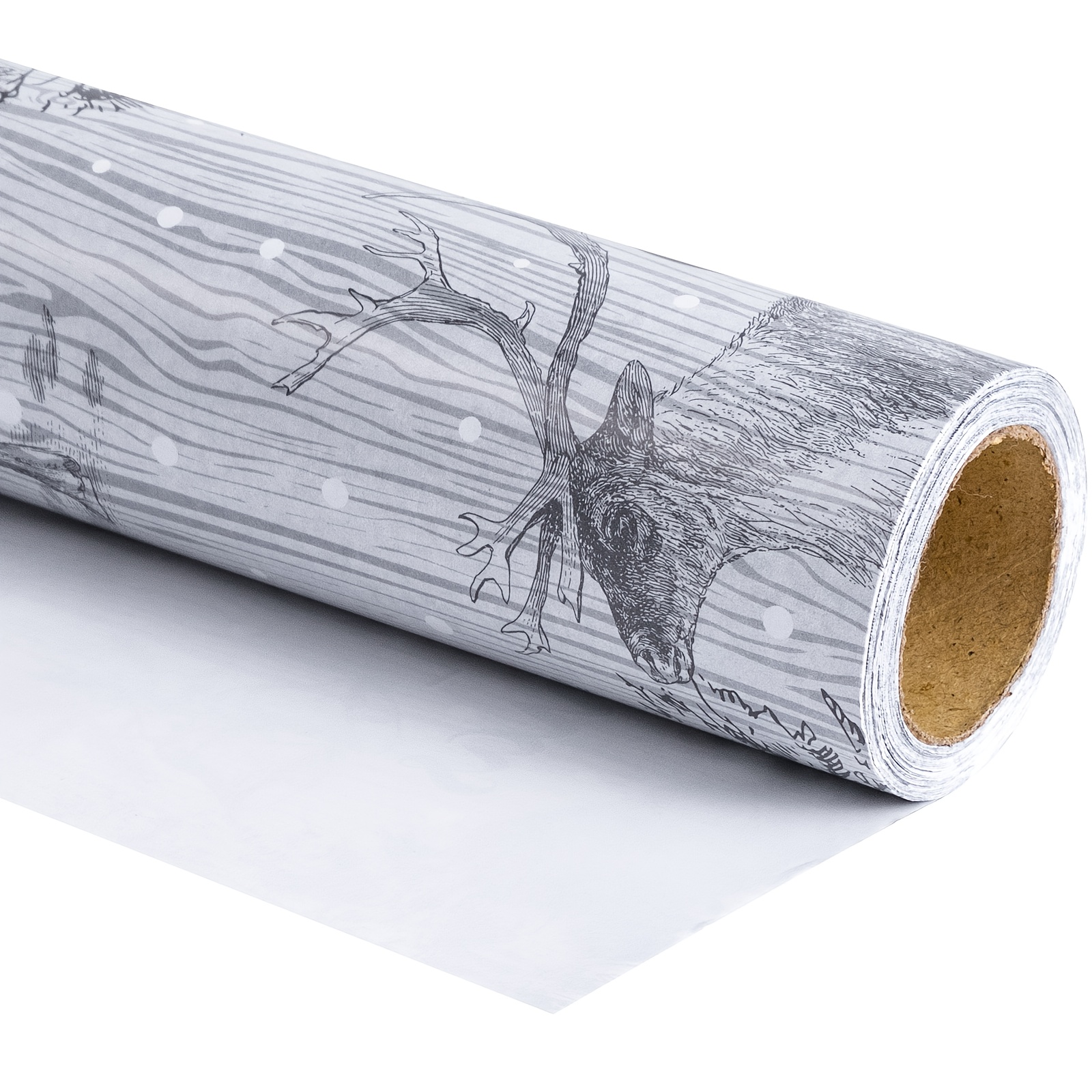 1 Roll Christmas Wrapping Paper | Gray Woodgrain Background With Reindeer, Christmas Trees, Rabbits, " Christmas" Text & Snow Dots - Festive Christmas Gifting - 43.2cm X 500cm (17" X 16.5')