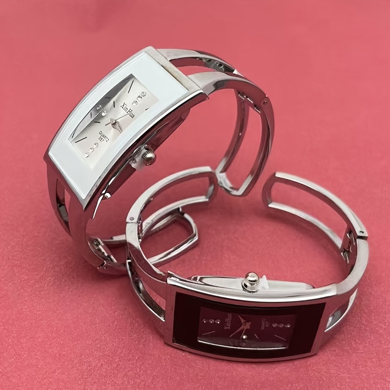 Elegant Silvery Bangle Watch, Women's Rectangular Creative Opening Watch
