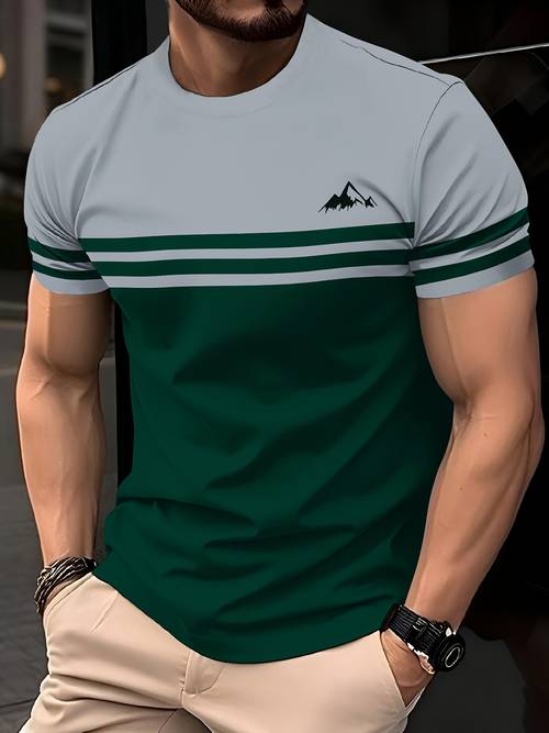 Men s Olive Horizontal Stripe T-Shirt - Lightweight Breathable Summer Tee for Gym, Outdoor, Casual Streetwear - Regular Fit Round Neck Shirt for Everyday & Formal Events, Gym Wear, Mountain Print Design, Soft Texture, Short Sleeve Top,