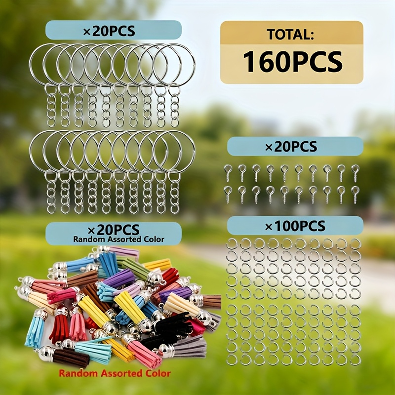 TEMU 160pcs Keychain Tassel Handicraft Diy Production Parts Set, Including 20pcs Silvery Iron Split Keychain, 20pcs Random Mixed Color Tassel, 20pcs