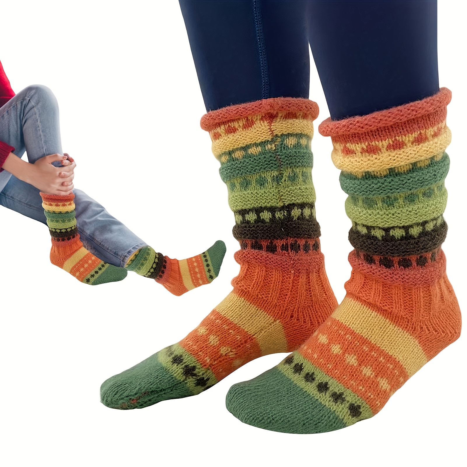 

Women Winter Knit Floor Calf Socks Striped Slipper Stockings