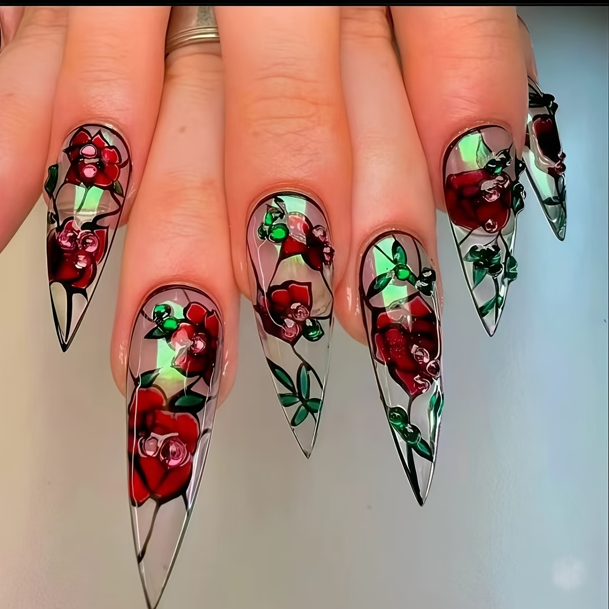 TEMU 24pcs Convenient Nail Base Red Rose Pointed Long Nails Retro Style Gentle Exquisite Floral Wearable Nails Glossy Detachable Nail Art