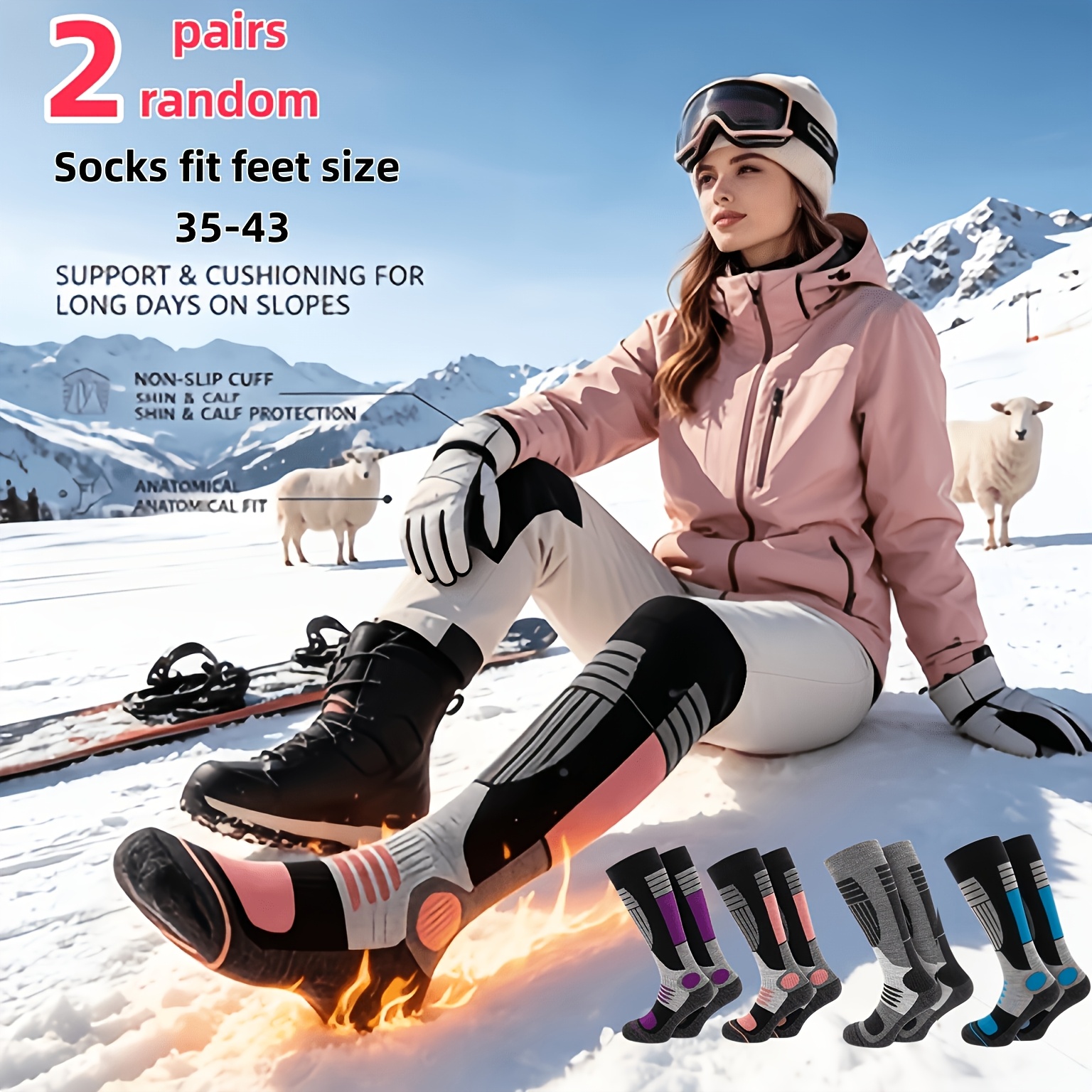 TEMU 2 Paires de Chaussettes Élastiques Aléatoires, Coupe Unisexe, Tissu Épais pour , Chaudes et Résistantes au Froid, Chaussettes de Ski Hautes