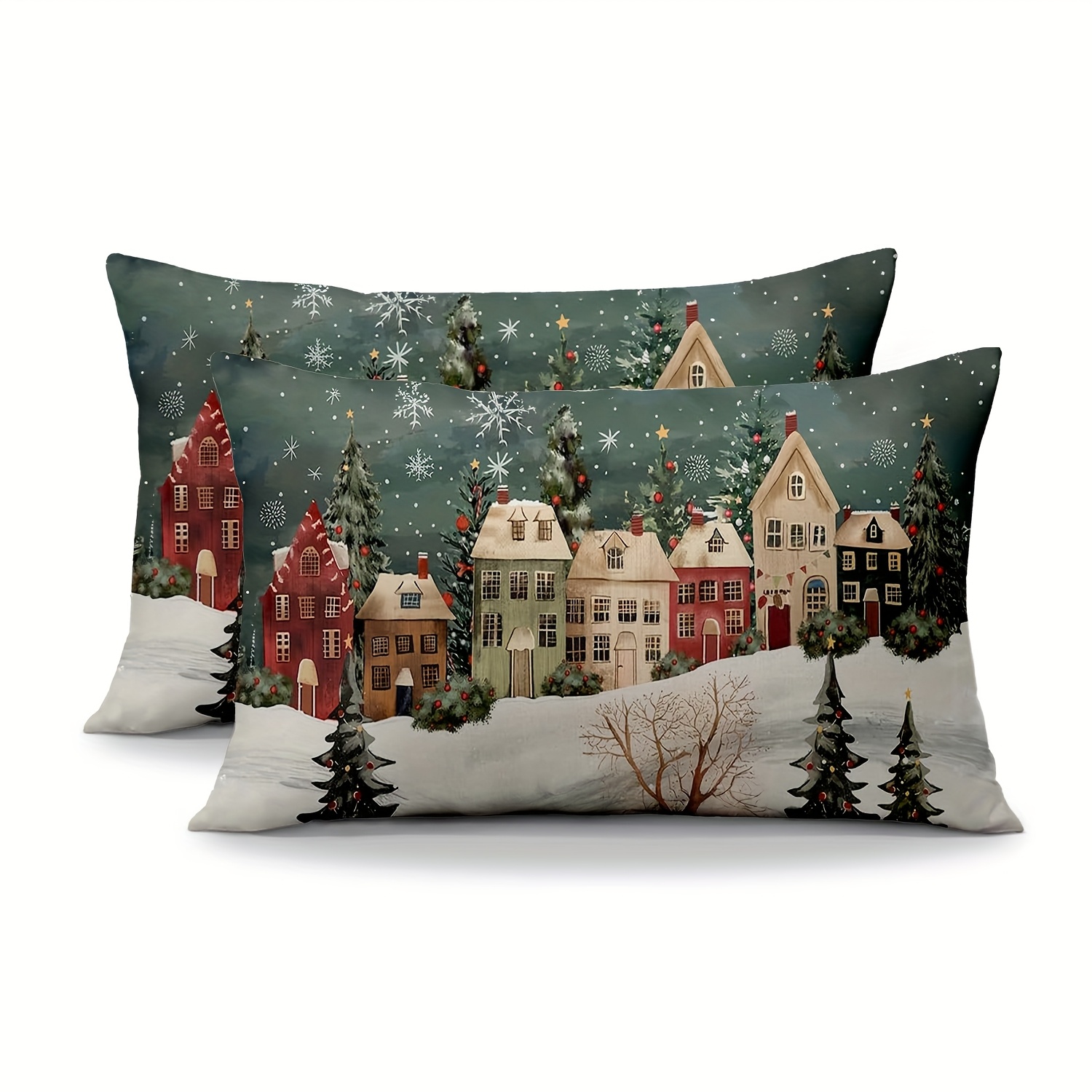 TEMU Housses de Coussin Vintage avec Sapin de Noël & de Neige, 2pcs - 12x20 Pouces, Zippées, Lavables en Machine - Parfaites pour le Canapé & la
