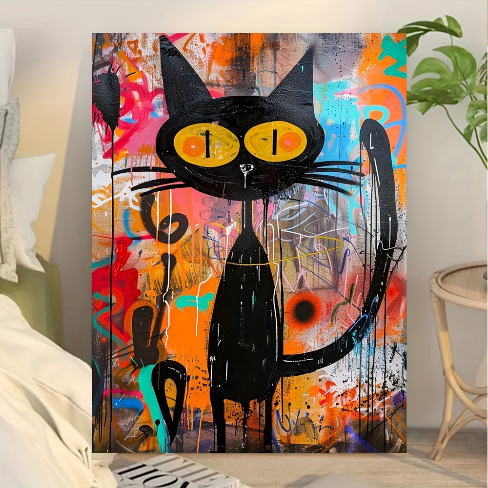 

Ipc Street Art Black Cat Canvas Print - Abstract Graffiti Wall Art For Home, Office, Bar, Cafe Decor - Big Yellow Eyes Cat Oil Painting Gift - Unframed 12x16inch Canvas Artwork
