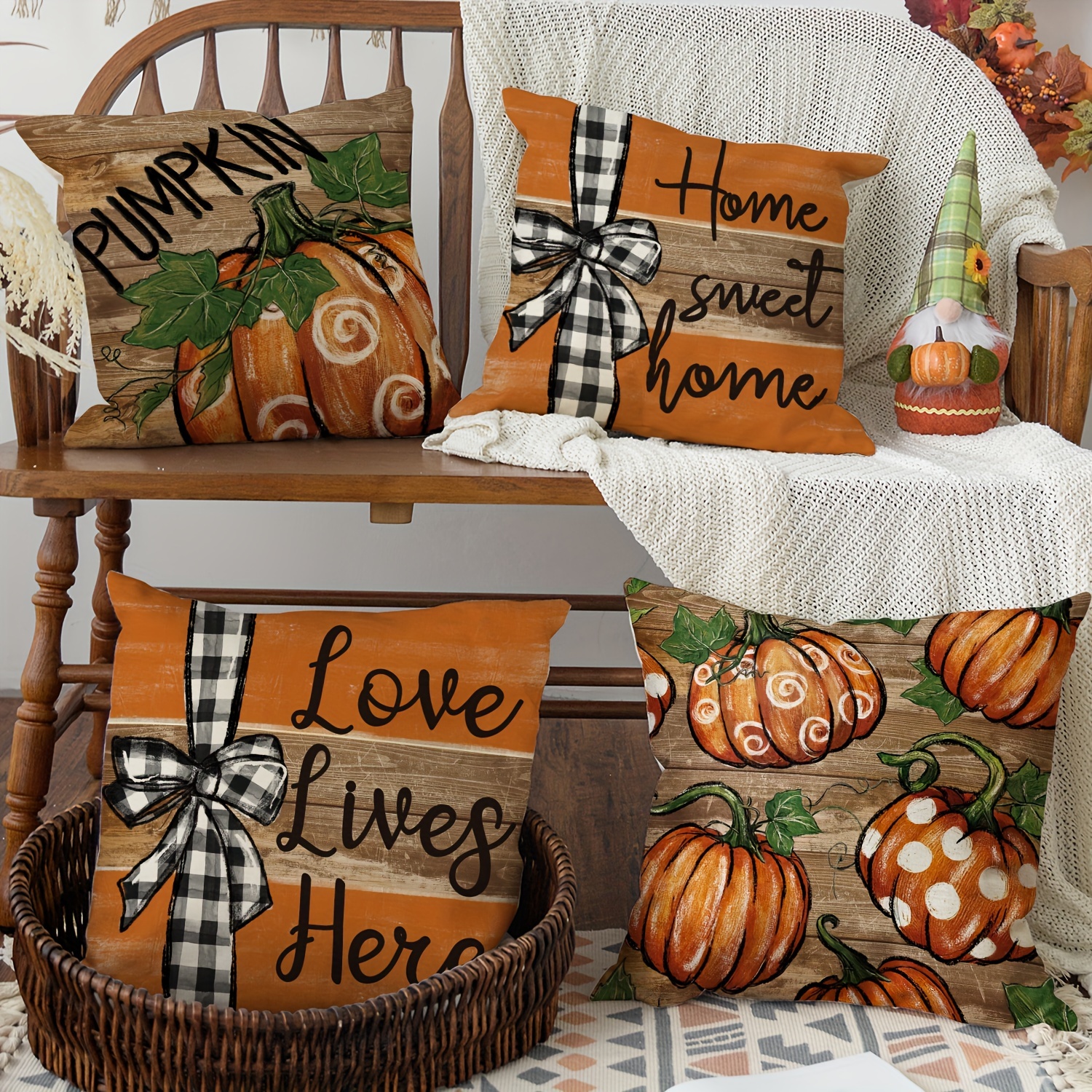 

Sm:)e Fall Pumpkin Throw Pillow Covers, 18 X 18 Inch Here Stripes Decorations For Sofa Couch Set Of 4