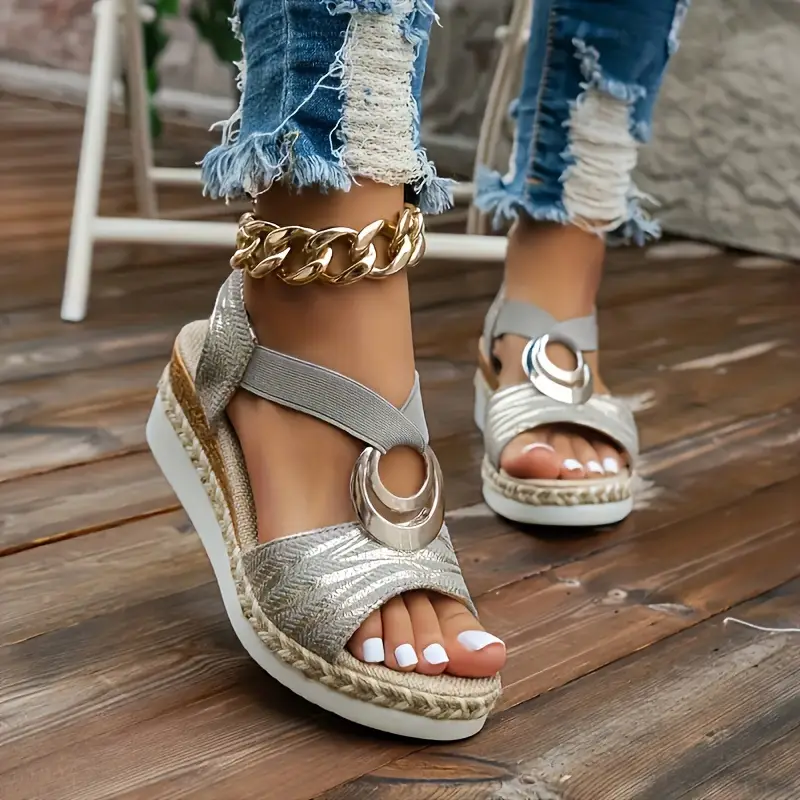 womens strappy back wedge sandals summer casual open toe shoes with metallic accents eva sole fabric upper slip Product details 0