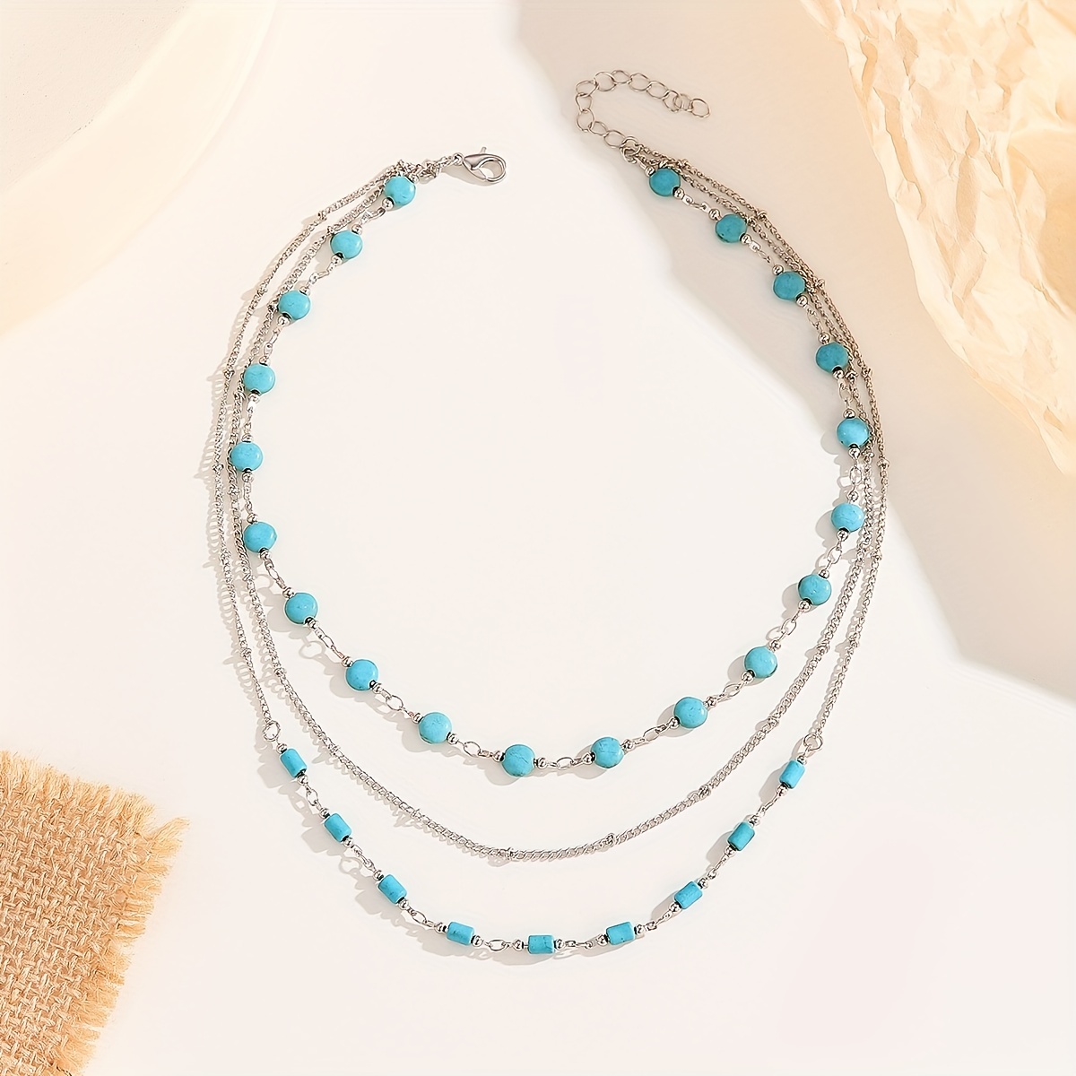 Bohemian Style Three-layer Turquoise Beaded Necklace Lightweight Vintage Collarbone Chain Simple High-end Jewelry For S