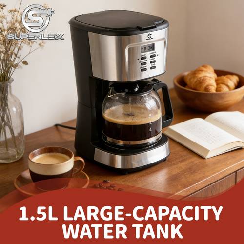 1 5l drip coffee maker features six functions including strength control a timer a display screen 1 4 cup and an anti drip system it with a dishwasher coffee pot making it ideal for home office and breakfast