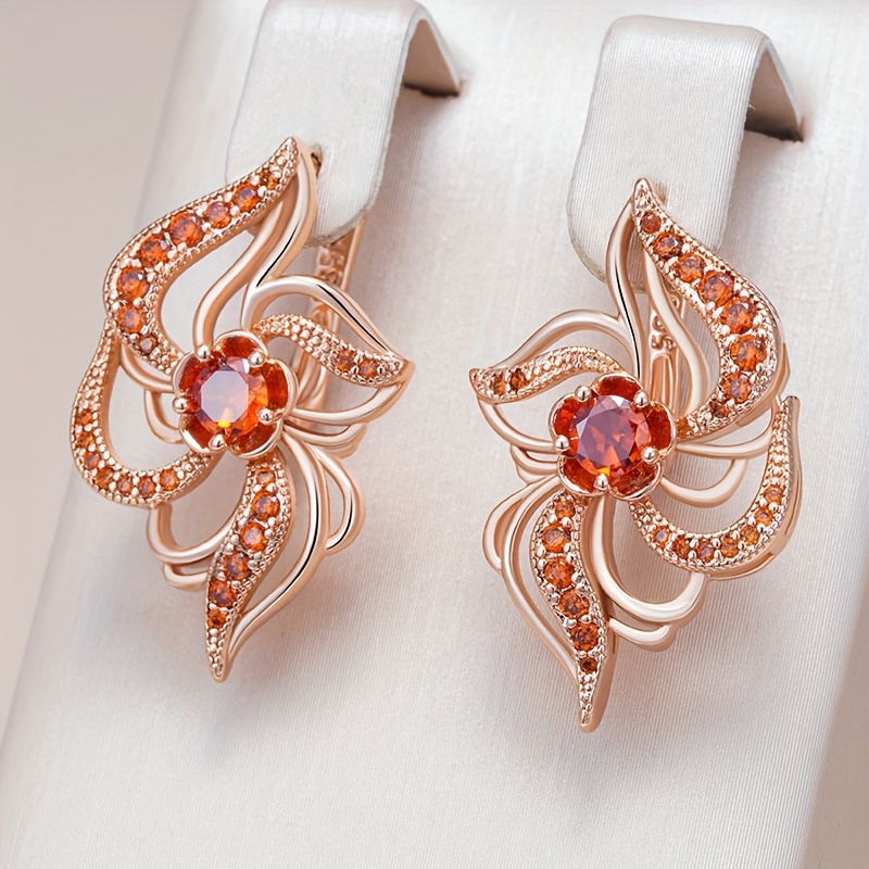 Image of Pair Of Luxurious Banquet Design Sparkling Red Synthetic Zirconia Flower Earrings, Women's Fashion Daily Fine Jewelry
