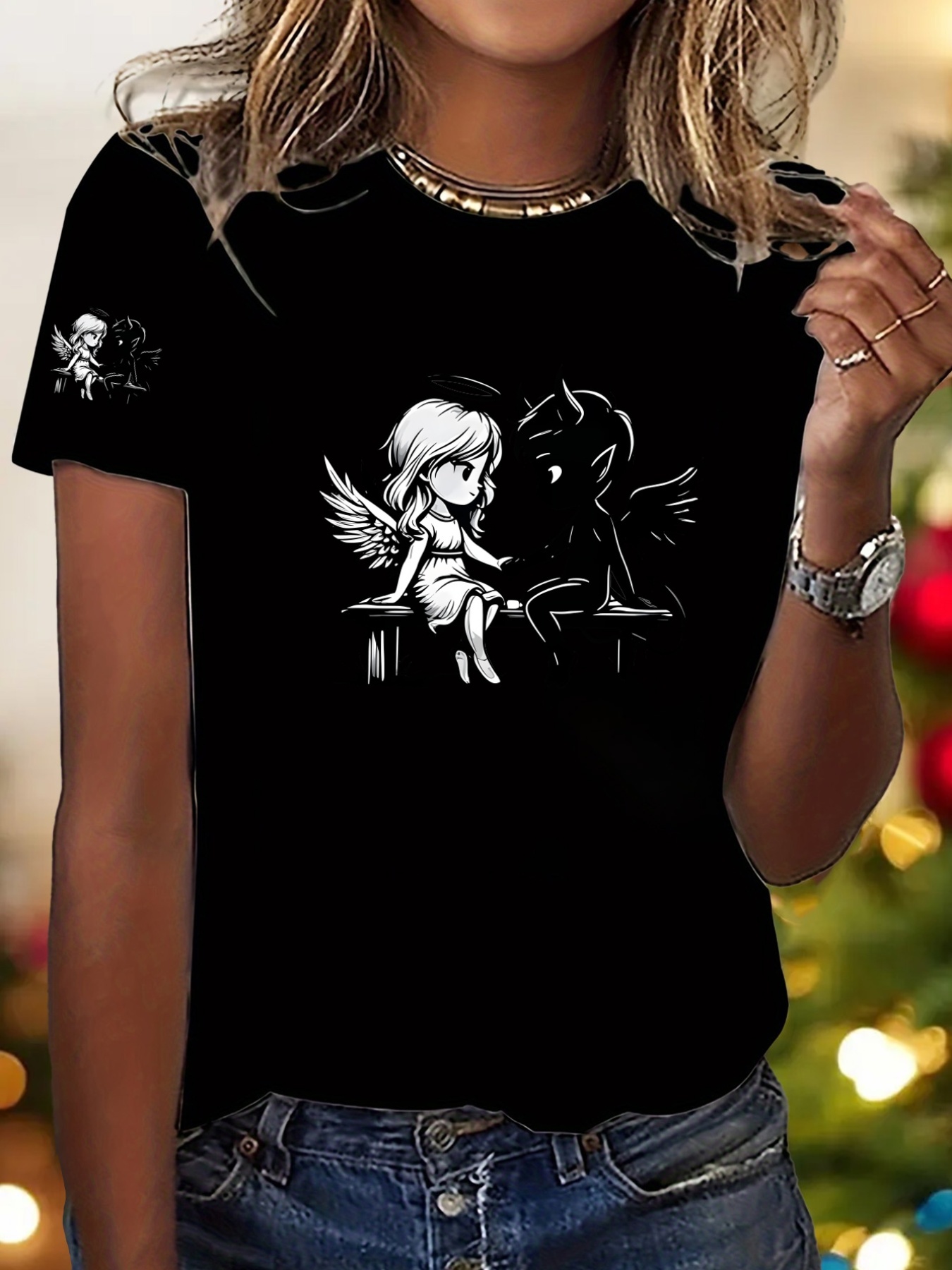 damen y2k t-shirt mit engel- &  sflügel-aufdruck – rundhals-kurzarm-top, passend als bluse, mit engel/ , größen s-xxl,   für freizeit,  , freizeitkleidung, maschinenwaschbares nicht-shirt