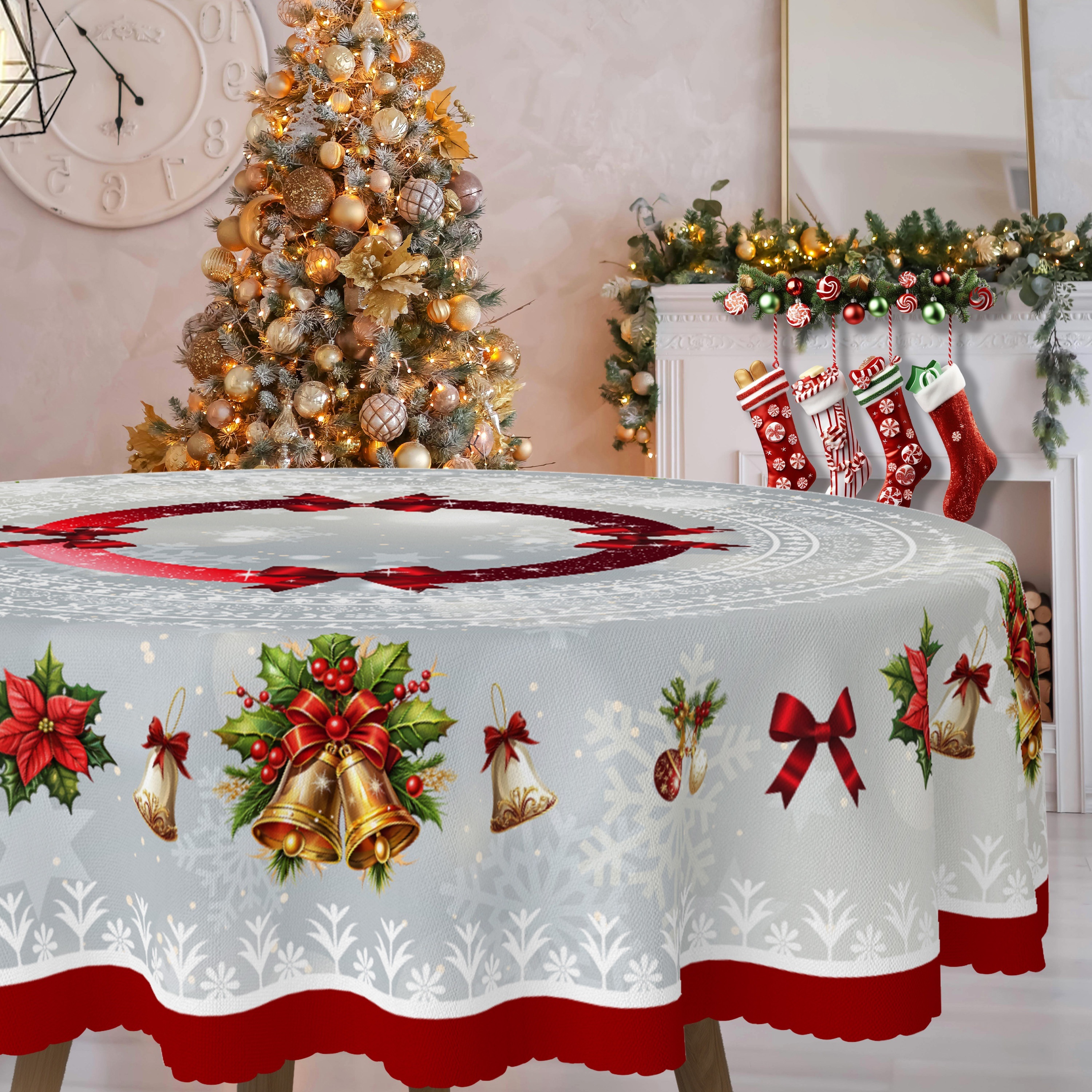 

1pc, Round/rectangular Polyester Tablecloth, Winter Christmas Bow Bell Tablecloth, Embossed Edge, Suitable For Indoor And Outdoor Decoration, Gift