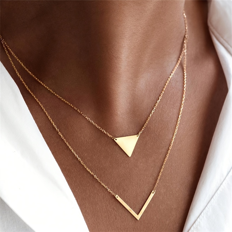 

Vintage French-style Double Layer Triangle And V-shaped Pendant Necklace - Copper No Mosaic Material For Daily & Gift Occasions, Thanksgiving, All-season Versatile Jewelry