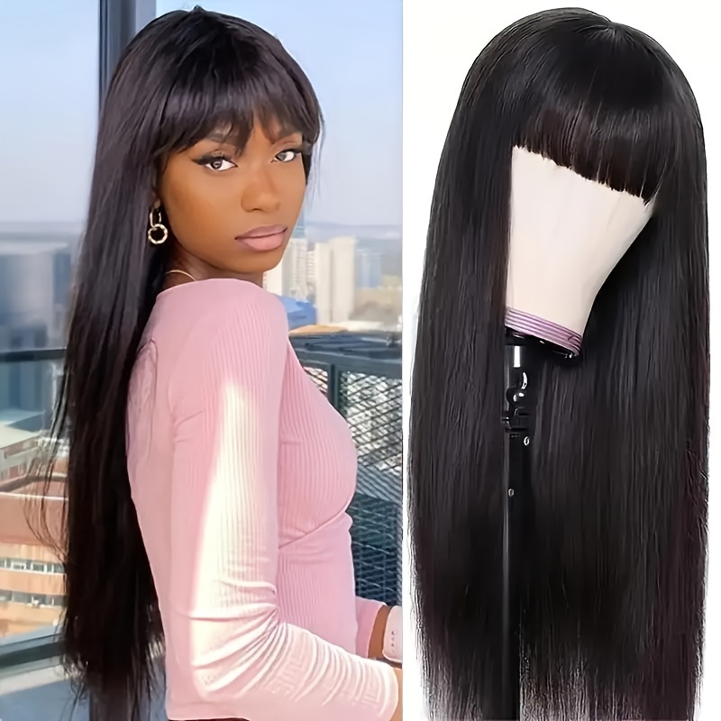 Premium Human Hair Wigs Featuring A Sleek Straight Style And Bangs, Without A Lace Front, From Hair, Machine-constructed, User-friendly Wig With Volume And 250% Density