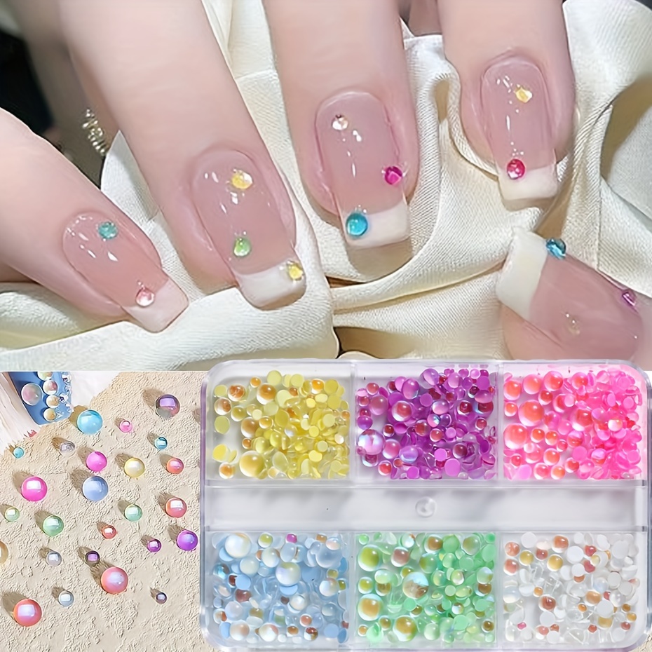 

Multi-colored Mermaid Bubble Beads For Nail Art, 6/12 Grids Assorted Macaron Flat Bottom Pearlescent Rhinestones, Semi-circular Illusory Decorative Manicure Pearls, Unscented