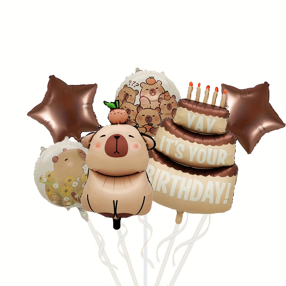 Image of 4pcs/5pcs/6pcs Capybara And Star Happy Birthday Balloon Set, Suitable For Animal Theme Party, Birthday Party Supplies, Halloween Decorations, Christmas Decorations