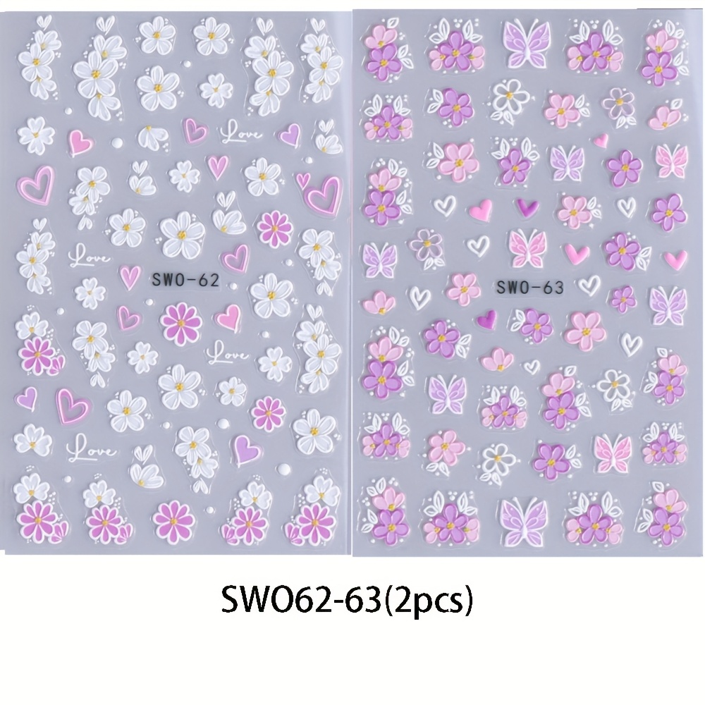 TEMU 2pcs Set Of Embossed Flower Stickers In , Spring And Summer And Flowers 5d Nail Stickers