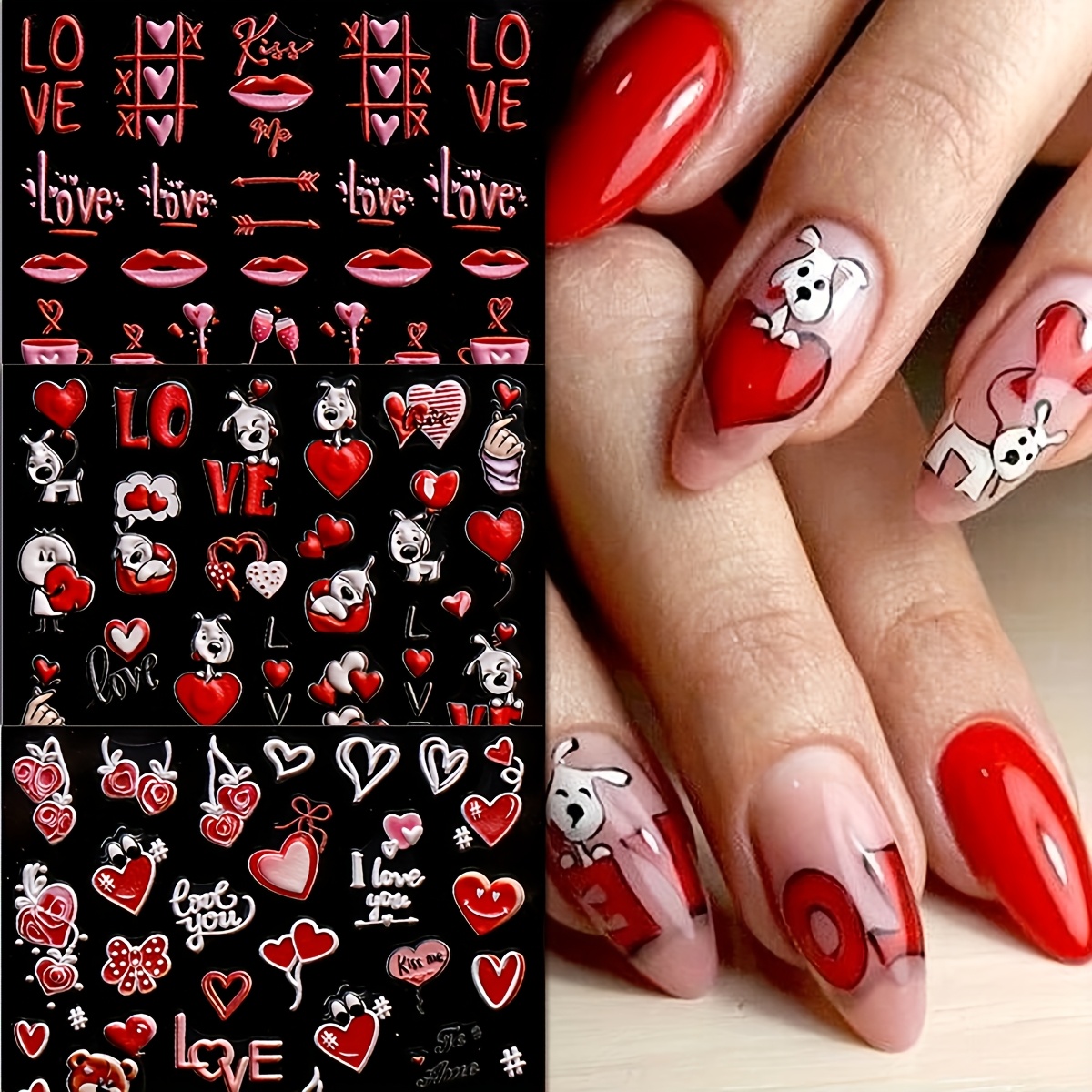 

3 Sets Valentine's Day Nail Stickers - Cartoon Love Themed Pet Self-adhesive Nail Art Decals With Glitter, Heart Shaped, Semi-matte , Single Use, Unscented - Plastic