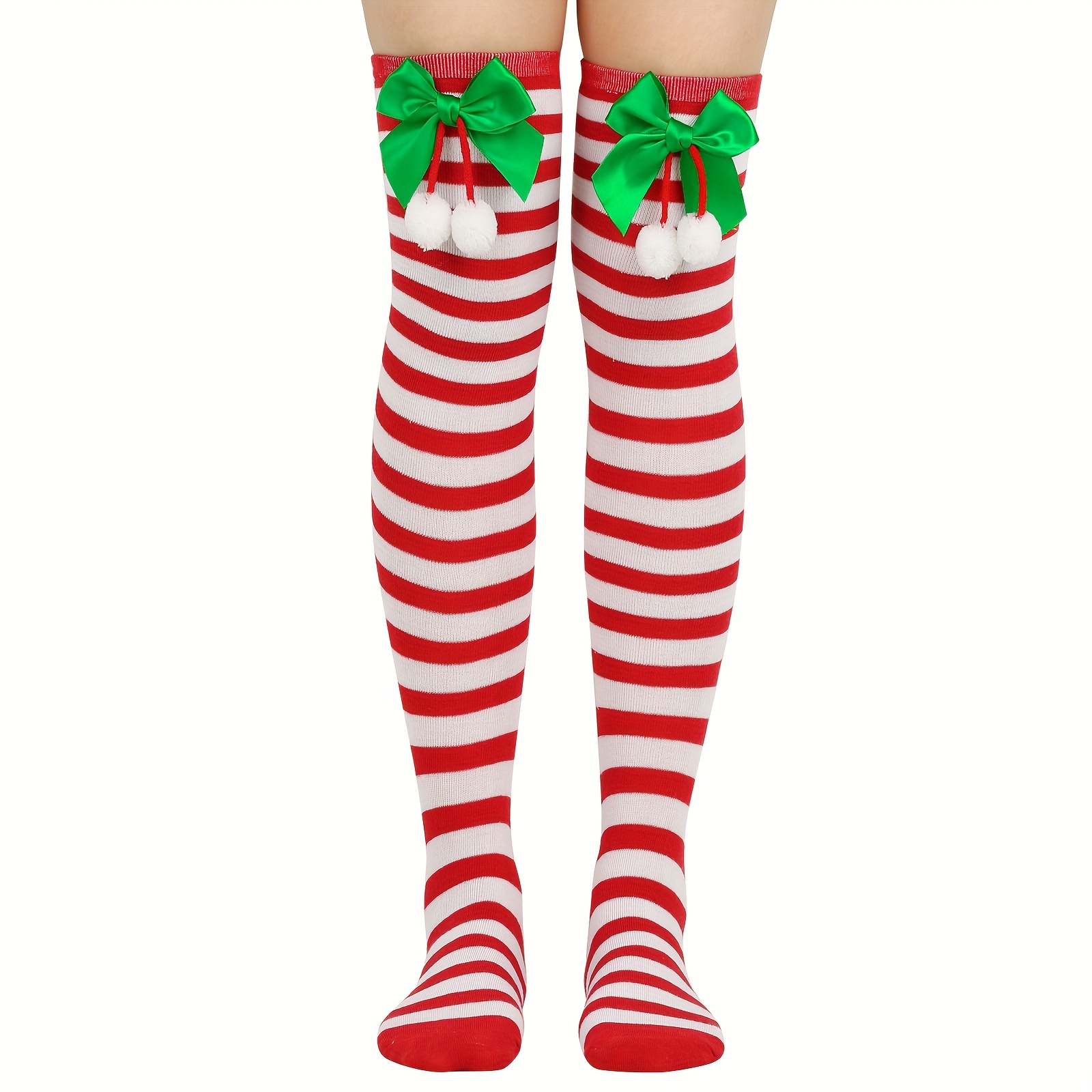 TEMU 1 Pair/ Autumn And Winter Christmas And Halloween Striped Socks, Calf Socks With Bow And Ball Decorations, Christmas Stockings, Party Over-the-knee Long Socks