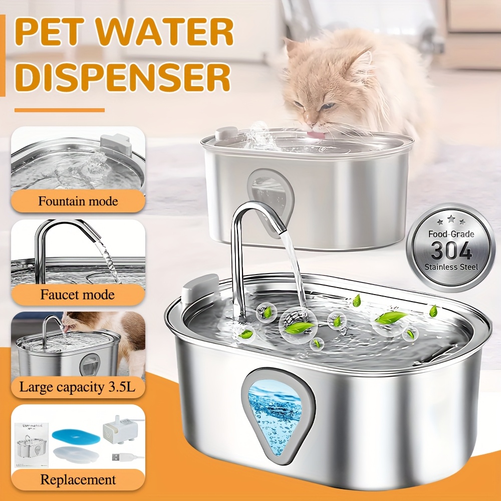 3 5l automatic   pet water fountain suitable for dogs cats usb powered stainless steel water dispenser with multi filtration system silent operation     plug powered no battery required for families of pets