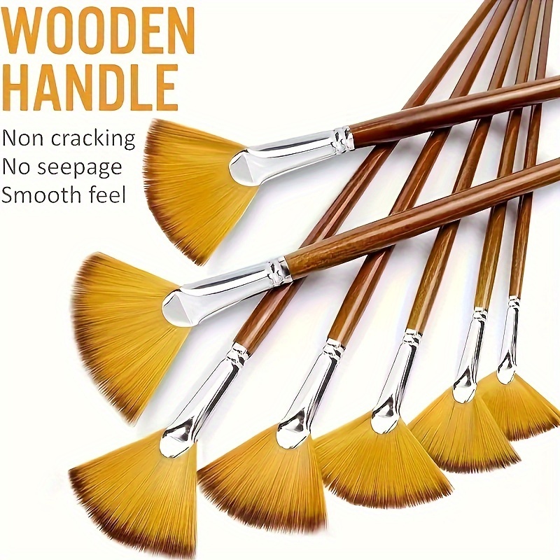 

Fan-shaped Artist Paint Brush Set - 6pcs, Wooden Handle, Brass , Nylon Bristles, Long-handled Paintbrushes For Acrylic, Watercolor, Oil, Gouache Painting - Professional & Hobbyist Craft Tools