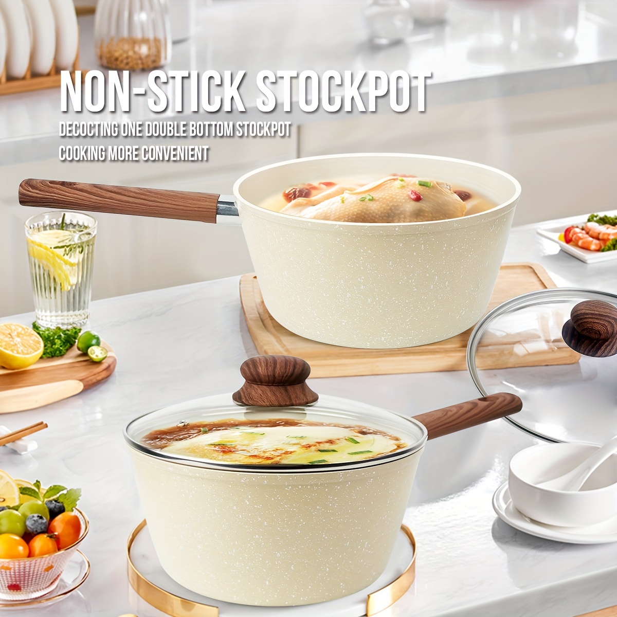 

1pc Aluminum Soup & Cooking Pot In With Double-bottom Design - All Stovetops, Includes Wooden Handles & Glass Lid - Ideal For