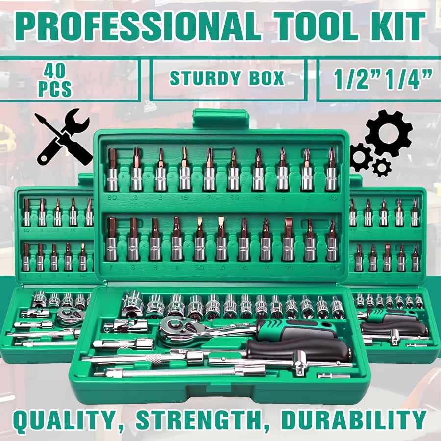 TEMU 210/40pcs Heavy-duty Professional Tool Set With 1/4", 3/8", 1/2" Drive Sockets & Ratchet - Metal Tool Kit Suitable For Automotive Repair, Tool
