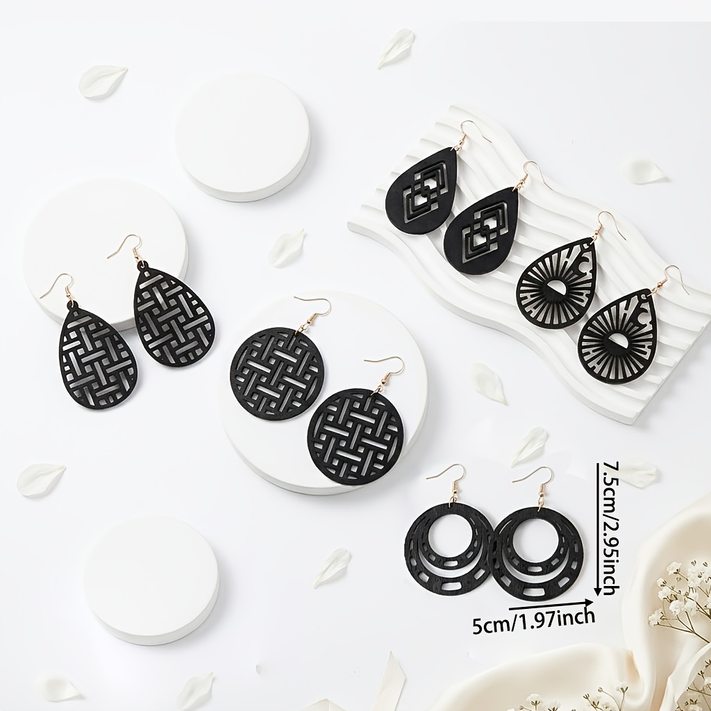 5-Pair Vintage Black Wooden Drop Earrings Set