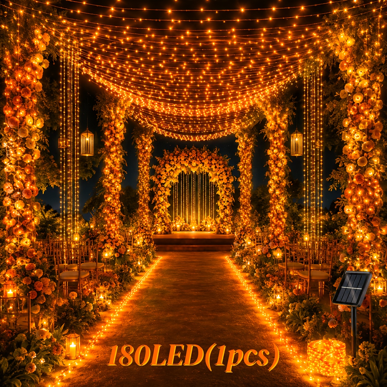TEMU 708.7inch Solar Orange Copper Wire String Lights, 180 Leds Per Unit, Outdoor Waterproof, Outdoor Festive Decorations, Ideal For Courtyards,