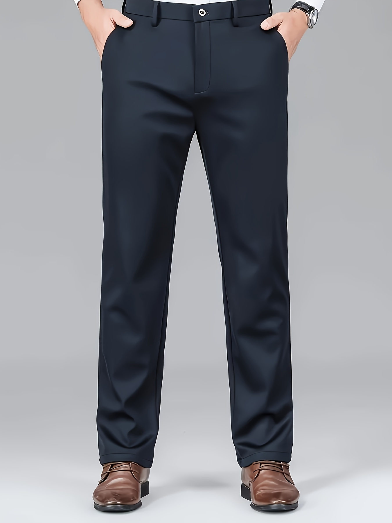 Men's High Elasticity Wrinkle-Resistant Straight-Leg Dress Pants - All-Season Machine Washable Business Casual Trousers with Crown & Dahlia Design, High Waist, Button & Zipper Closure, Professional Wear, Classic Style, Quality Craftsmanship, Stylish Men