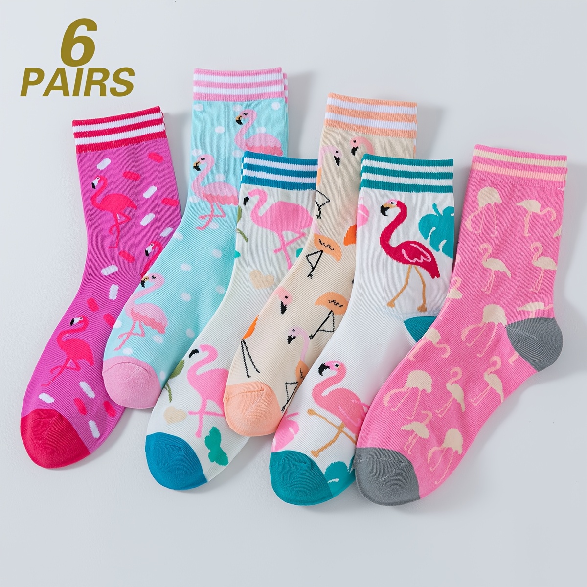 E-shop 6 Paar Flamingo-Socken für Damen & Herren – Unisex Mid-Calf Flamingo-Muster Trendige Freizeit- Sportsocken für Fitness, Casual-Look, Handwäsche