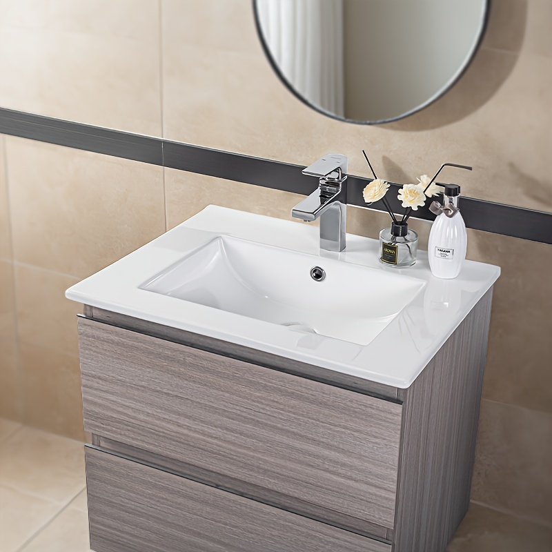 60x46cm Ceramic Bathroom Vanity Basin Top With Overflow, Rectangular Bathroom Basin With 1 Hole For Faucet, Built-in Bathroom Vessel Ideal For Small Spaces, White, Not Pop-up Drain, Taps And Cabinets
