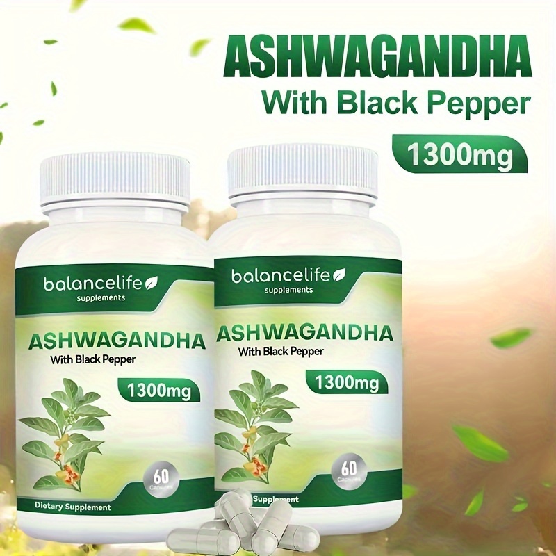 ashwagandha with black pepper 1300mg   for stress and mood sleep 60 120 capsules details 1
