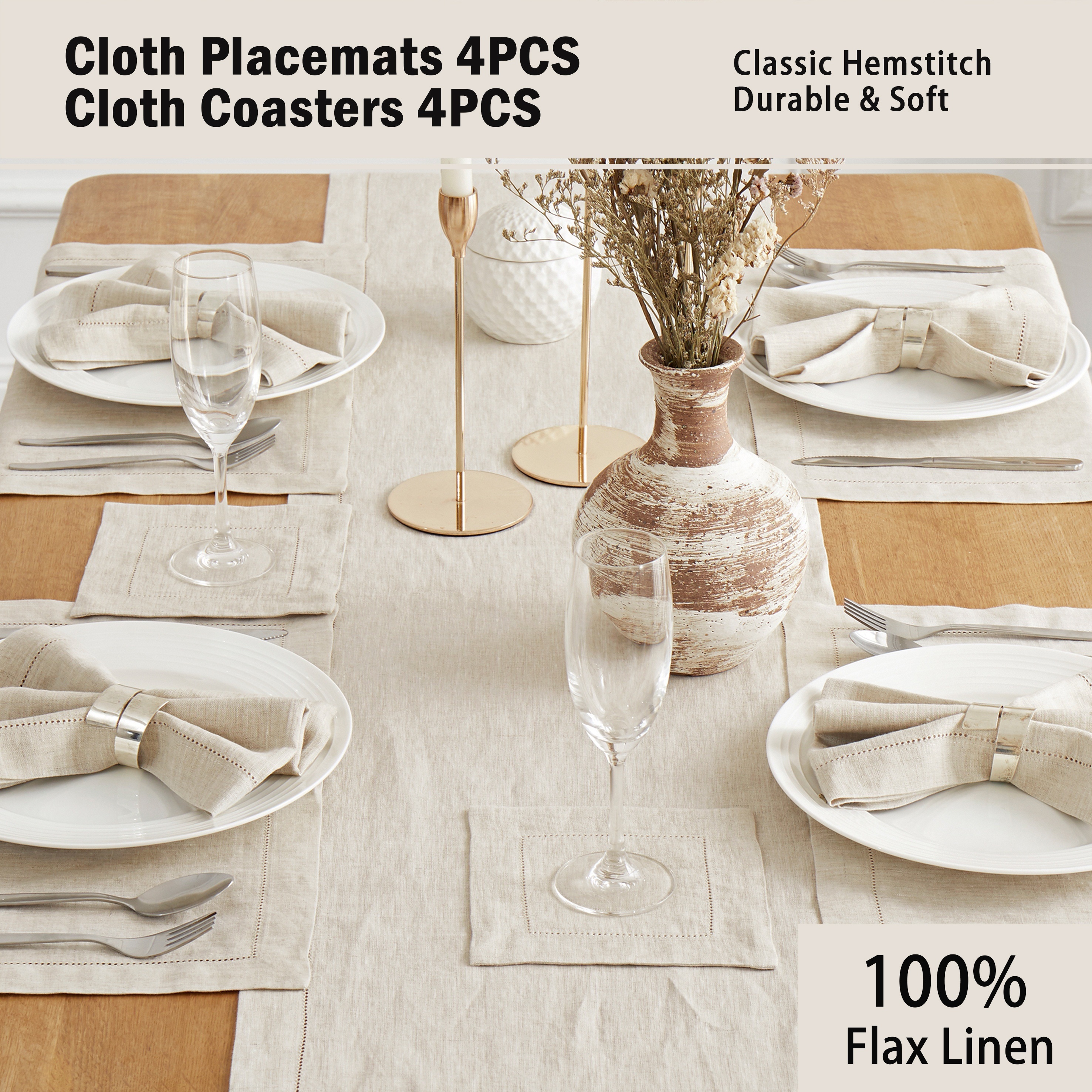 

8pcs Flax Linen Placemat & Coaster Set, Classic Hemstitch, Rustic Farmhouse Style, Washable & Reusable, Dinning Table Decors