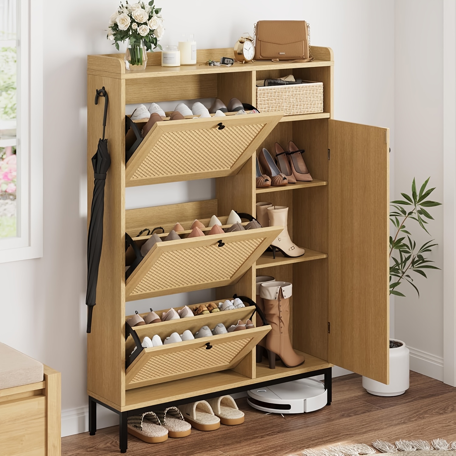 Image of Shoe Cabinet Rattan With 3 Flip Drawers And 4-tier Shoe Storage Cabinet, Freestanding Shoe Organizer With Adjustable Shelves For Entryway, Closet, Hallway