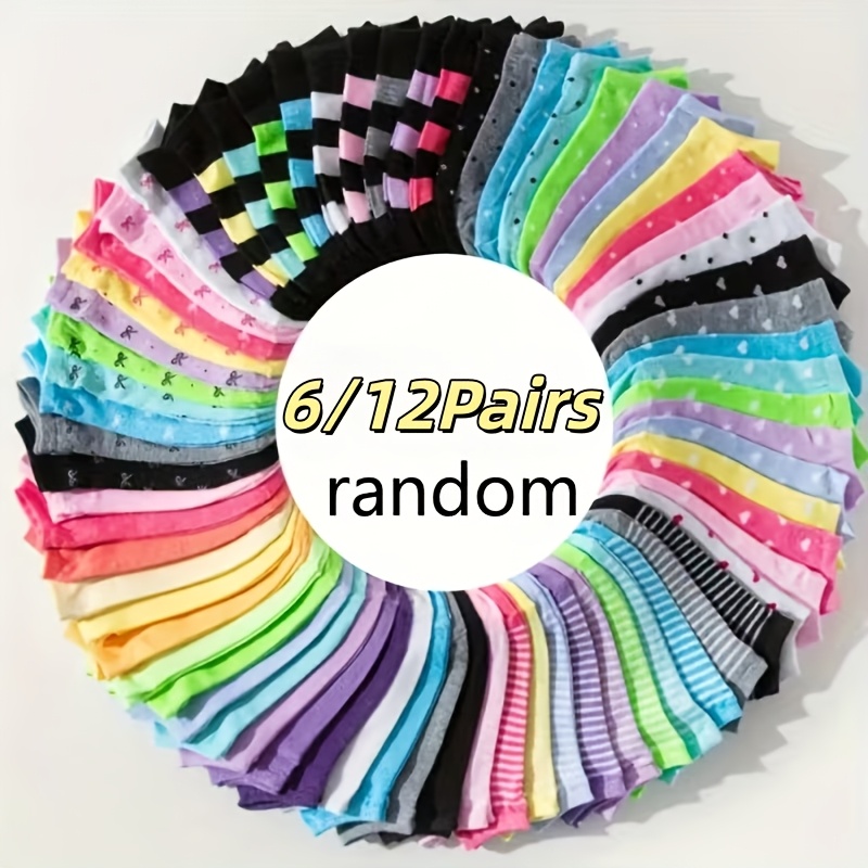 TEMU 6/12 Pairs Of Women's Candy-colored Socks-soft, Breathable And Comfortable Low-cut Design, With Interesting Patterns: Love, Stripes, Polka Dots