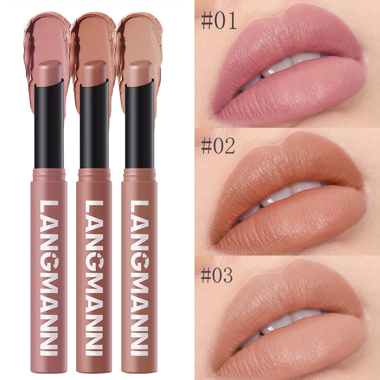 Image of 3pcs/set Matte Velvet Lipstick, Long-lasting Moisturizing, Smooth Easy To Apply, Long-lasting Coloring, Waterproof Rotating Lipstick Pen, Suitable For Types, For Women