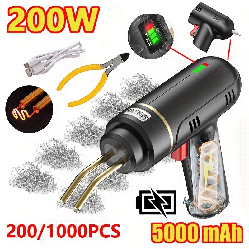 

200w Usb Rechargeable Cordless Plastic Welder Kit With 5000mah Lithium Battery, Portable Hot Stapler For Car Bumper Repair, Mica , 200/1000pcs Staples Included