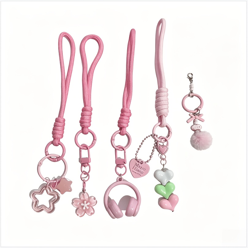 TEMU 5pcs Cute Pink Woven Pendant Charms Set, Kawaii Star Sakura Headphone Heart Pom‑pom Ornament, Hand‑braided Rope Bag Hanging Decor
