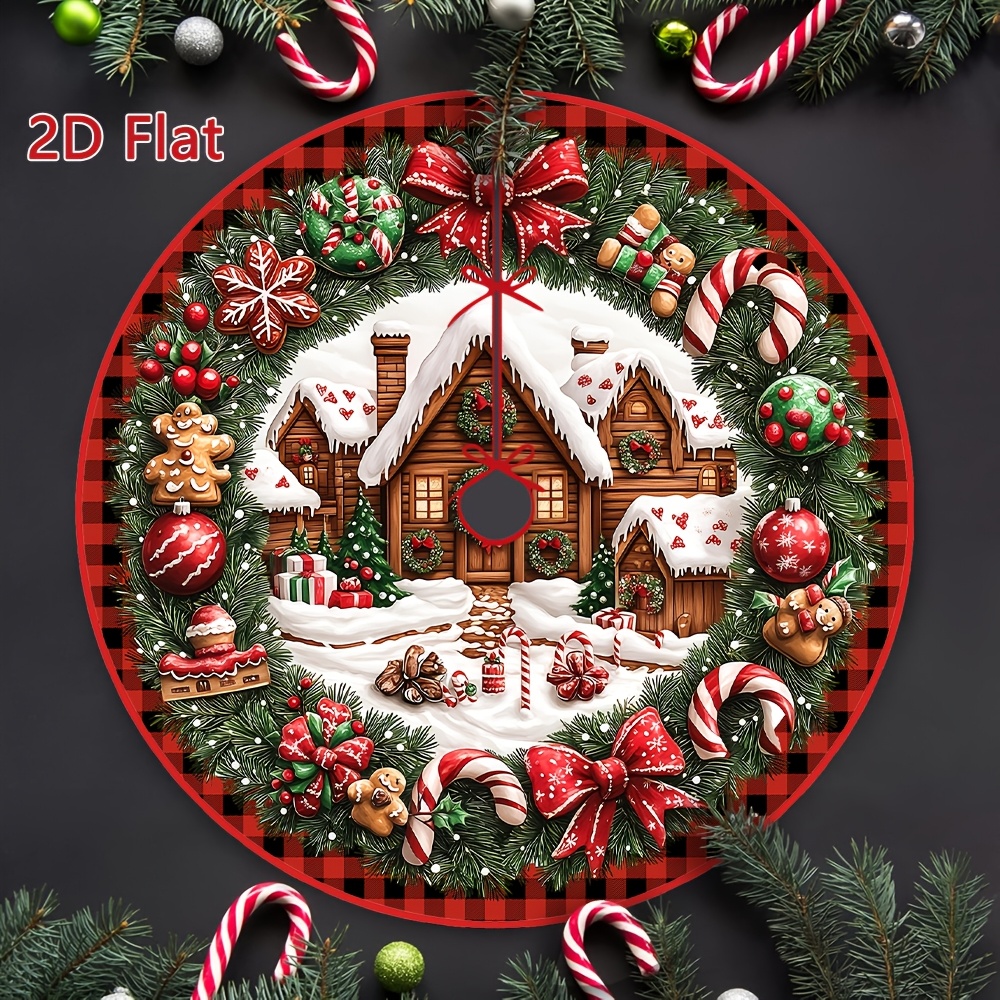 TEMU 1pc 2d Flat Merry Christmas Plaid Garland Snow Scene Christmas Tree Skirt, Made Of Short Plush Fabric, Suitable For Indoor Floors, Living Rooms,