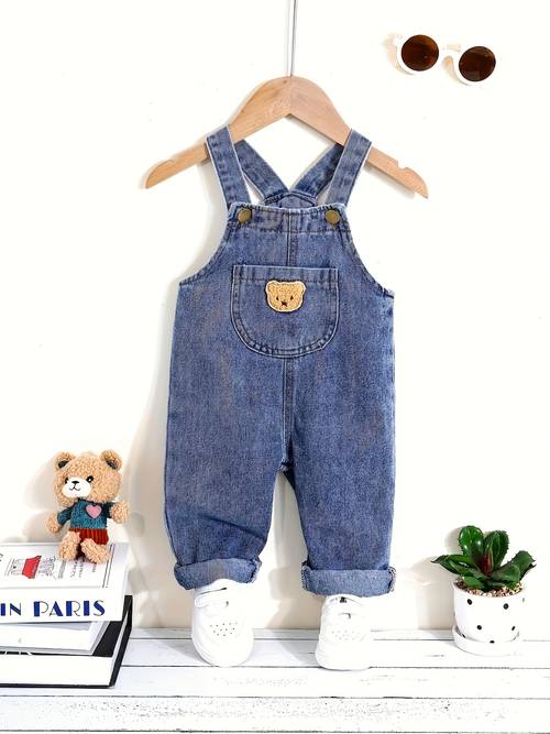 blue denim overalls for boys featuring a cute bear for autumn winter and great for outdoor activities