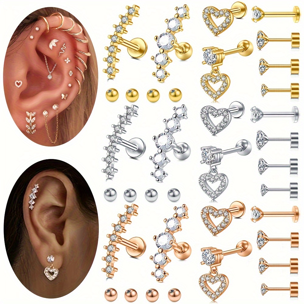 

12pcs/set Women's Stainless Steel Cartilage Stud Earrings Lip Studs With Replaceable Ball Piercing Jewelry Accessories Set Valentine's Day Gift