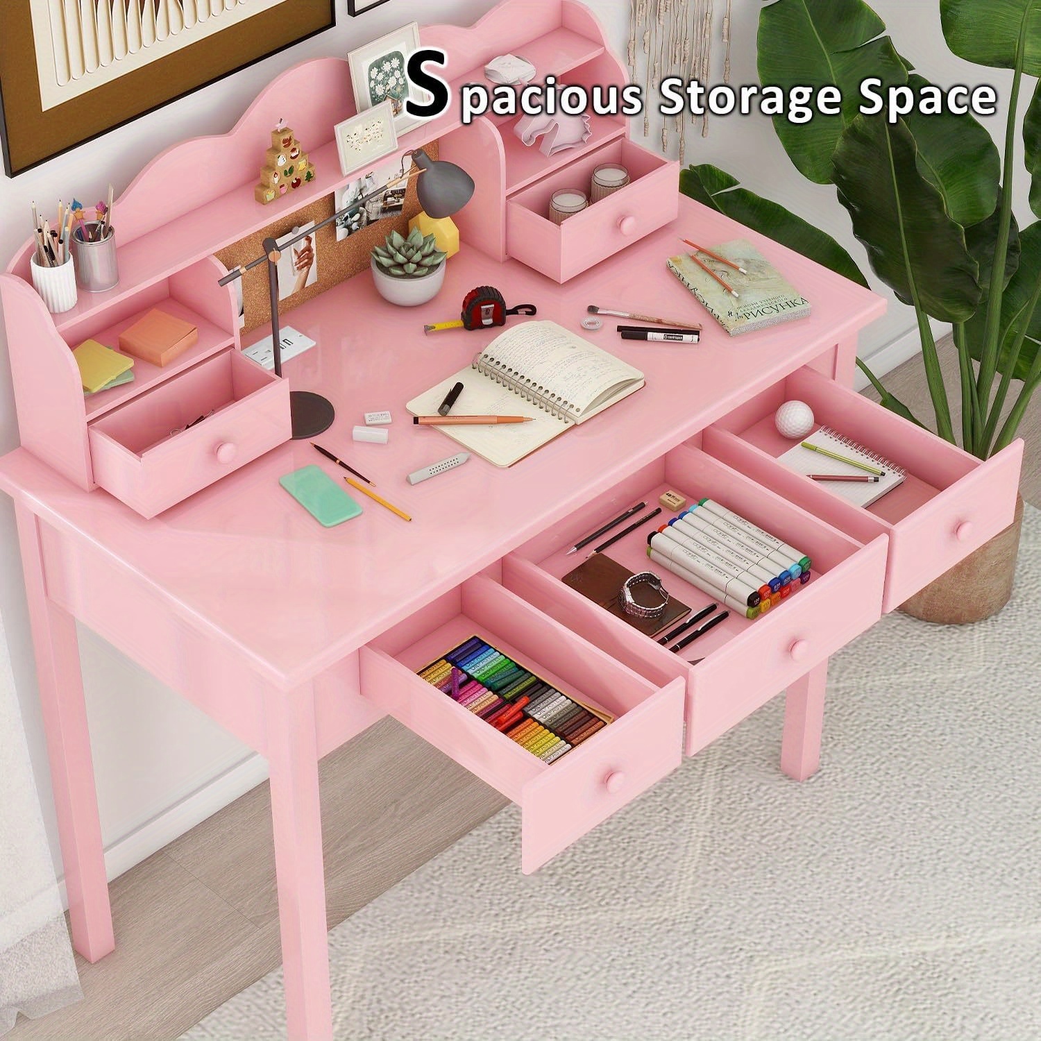 Modern 40-Inch Pink Writing Desk Featuring a Hutch And Five Drawers, Ideal for a for home Office Or As a Compact Vanity in The Bedroom