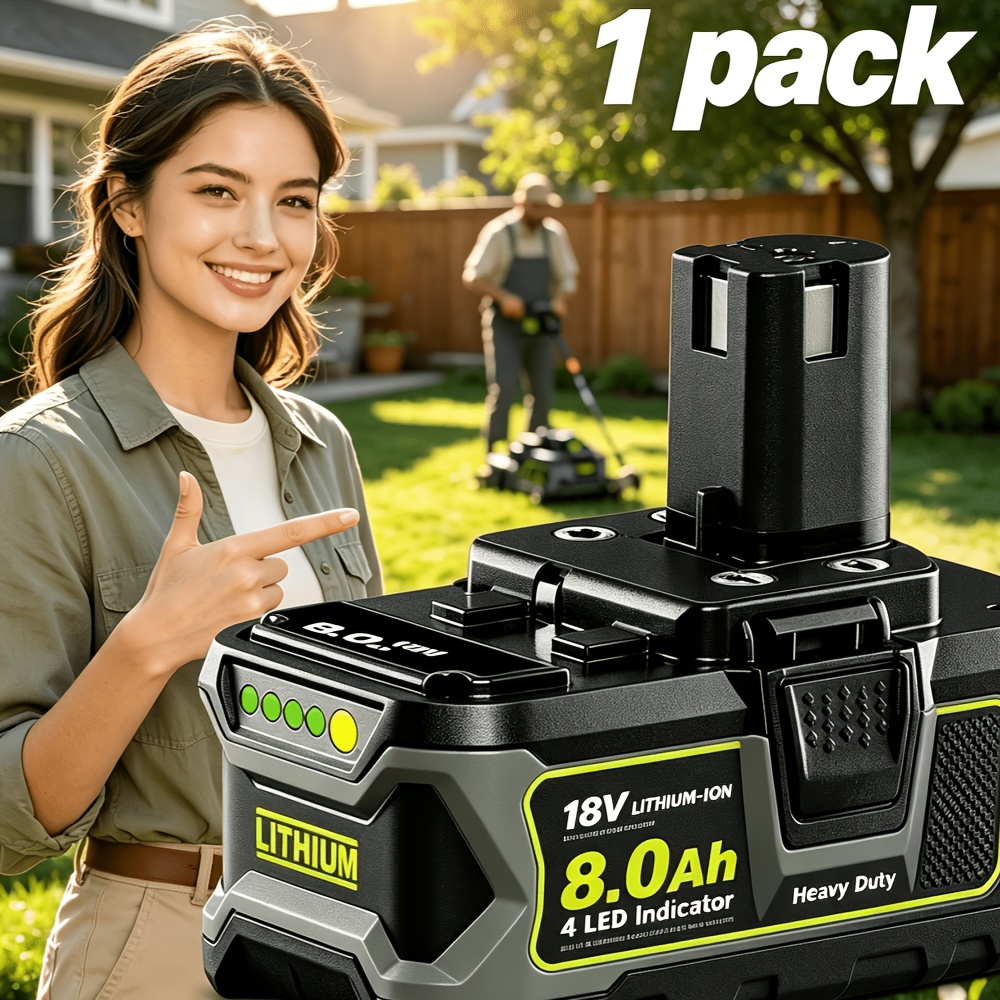 TEMU 1-pack Compatible For Ryobi 18v Battery Replacement, High-capacity 8.0ah Lithium-ion Battery With Led Indicator Suitable For Ryobi 1 Cordless