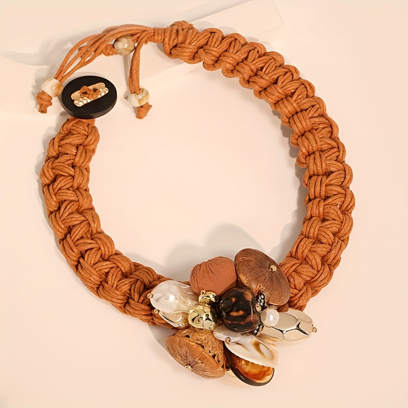 TEMU 1 pz Elegante Collana intrecciata con in fibra marrone color caff癡